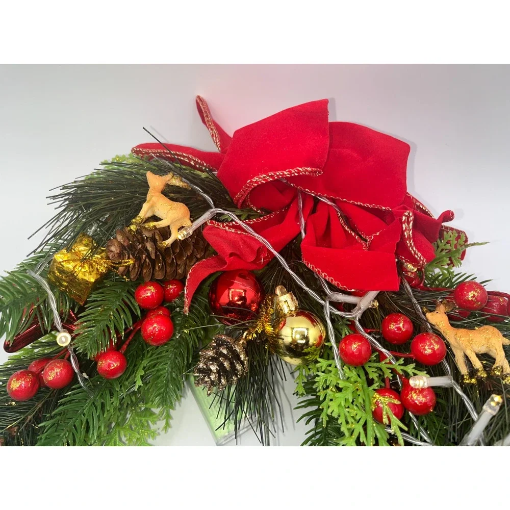 Lighted Mantel Christmas Fake Pine Tree Swag Pinecones Berries Ornaments Deer